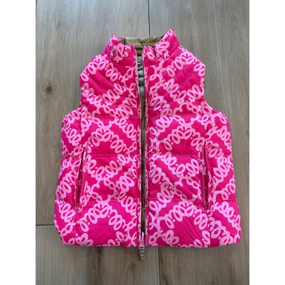 Lilly Pulitzer Girls Reversible Puffer Vest Gold Metallic Pink Palm Tree Print - Picture 5 of 8